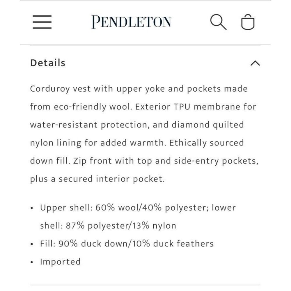 Pendleton Black Hills‎ Duck Down Wool Corduroy Ve… - image 9